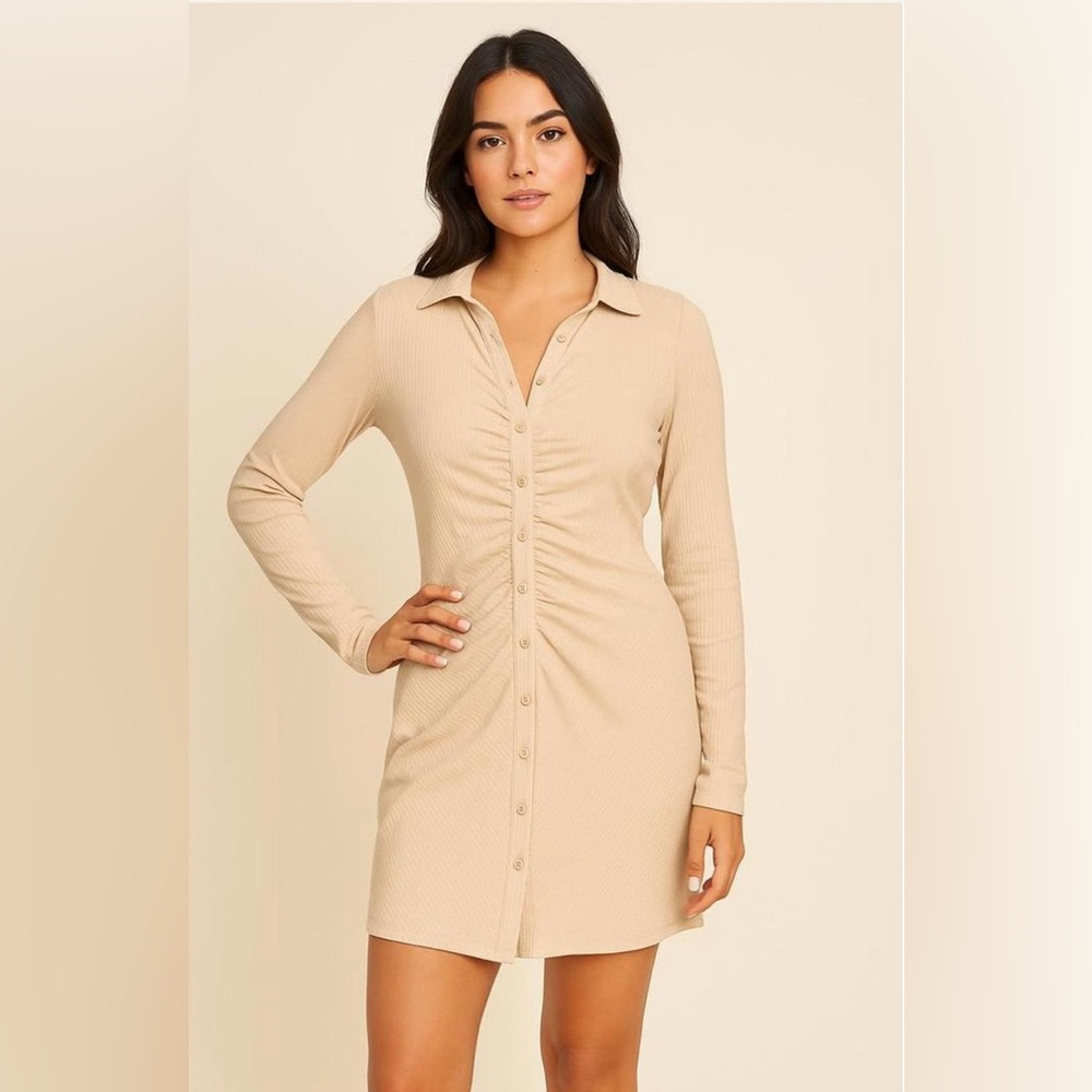 Abercrombie & Fitch Knit Ruched Shirtdress in Beige Long Sleeve Dress Size:Med